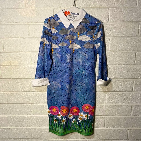 Rainy Day Collared Mini Dress Cute Cloud Nature Print SheIN women’s large Used - Picture 1 of 7